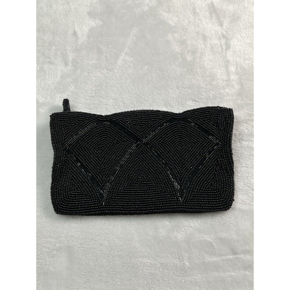The Unbranded Brand Handbags - Small Beaded Black Clutch Zippered Made in Japan Lined approx 7"‎ x 4 "